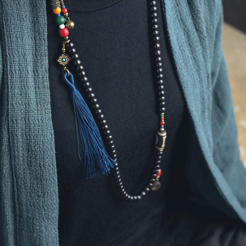 Stone of buddha 108 Beads Mala Ebony Wood Dzi Bead Copper Balance Tassel Bracelet