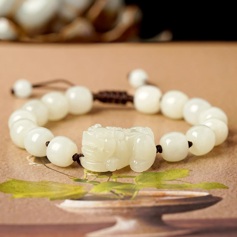 Stone of buddha Natural Hetian White Jade PiXiu Wealth String Bracelet