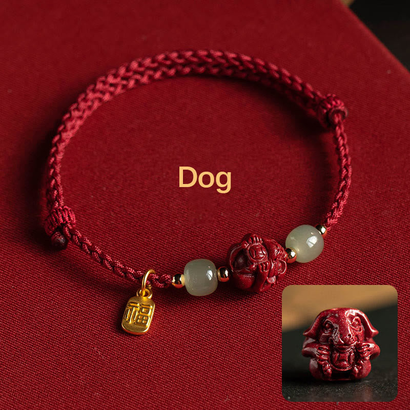 Stone of buddha Natural Cinnabar Chinese Zodiac Hetian Jade Fu Character Luck Rope Bracelet