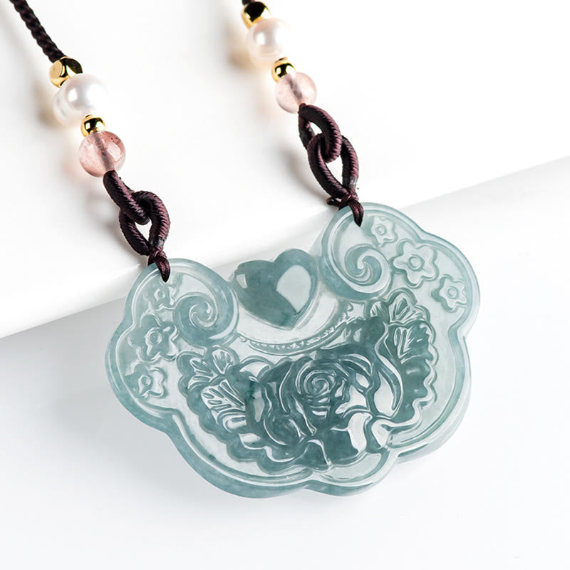 Stone of buddha Natural Jade Peony Flower Lock of Good Wishes Prosperity Necklace Pendant