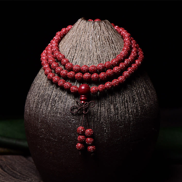 Stone of buddha 108 Mala Beads Cinnabar Om Mani Padme Hum Pattern Engraved Blessing Bracelet