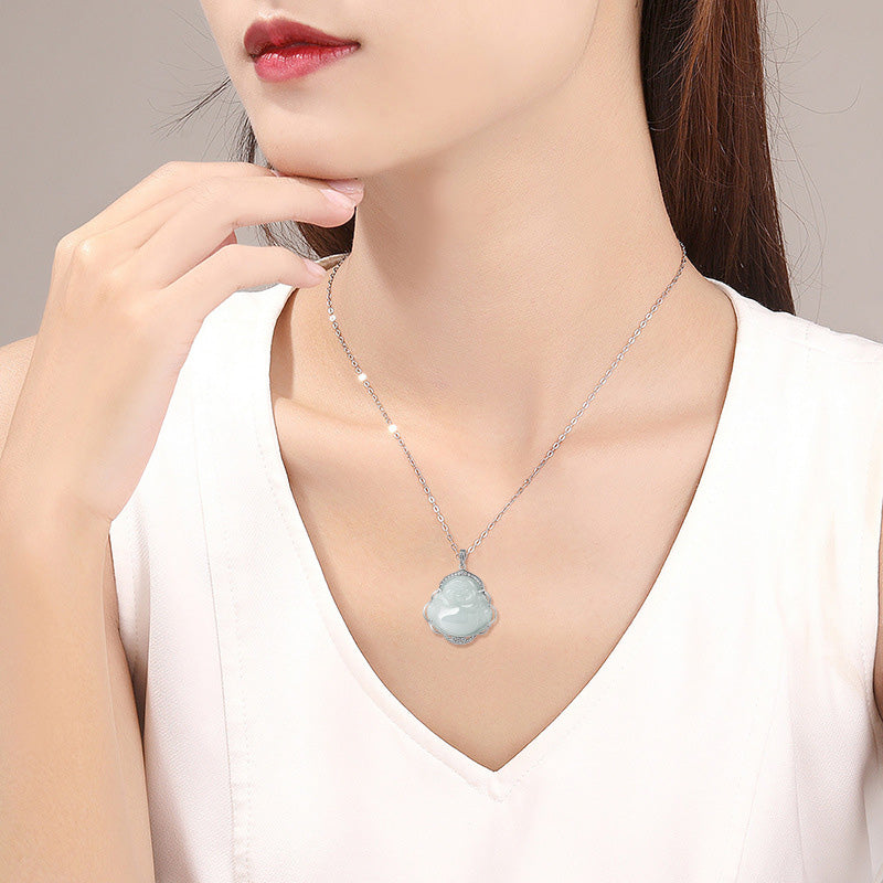 Stone of buddha 925 Sterling Silver Laughing Buddha Natural Jade Abundance Necklace Pendant
