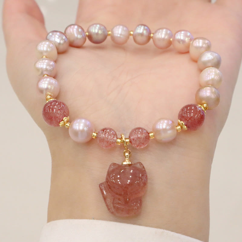 Stone of buddha Natural Pearl Strawberry Quartz Cute Fox Love Healing Charm Bracelet