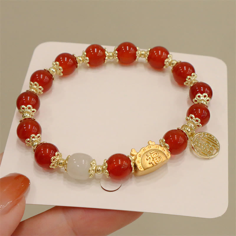 Stone of buddha Year Of The Dragon Red Agate Strawberry Quartz Black Obsidian Jade Garnet Pearl Cinnabar Dumpling Dragon Luck Fu Character Bracelet