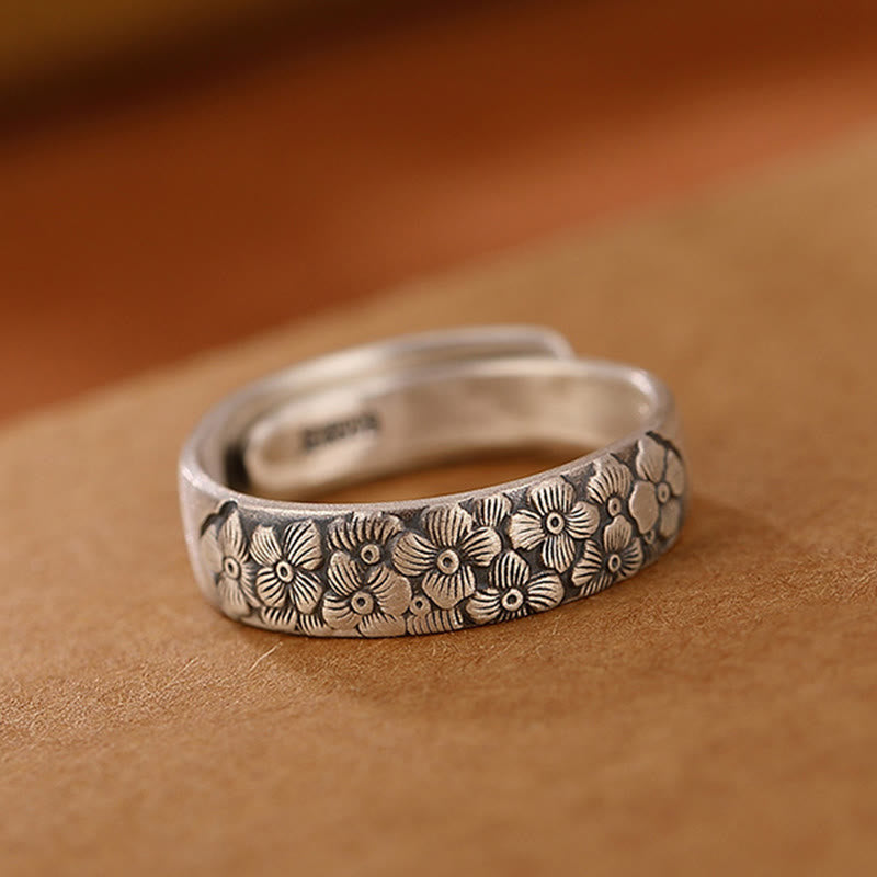 Stone of buddha 999 Sterling Silver Lotus Flower Plum Blossom Auspicious Clouds Engraved Enlightenment Ring