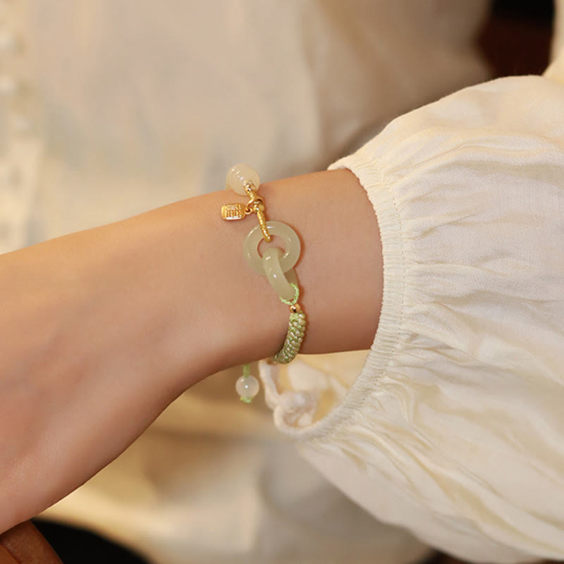 Stone of buddha Natural Hetian Jade Bead Double Peace Buckle Fu Character Abundance Braided Bracelet
