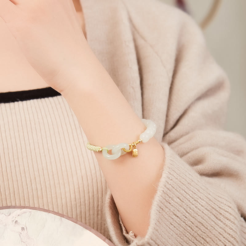 Stone of buddha Natural Hetian Jade Bead Double Peace Buckle Fu Character Abundance Braided Bracelet