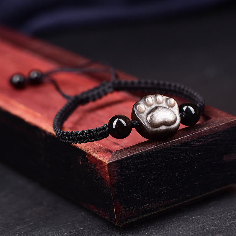 Stone of buddha Natural Silver Sheen Obsidian Gold Sheen Obsidian Cute Cat Paw Claw Protection Rope Bracelet