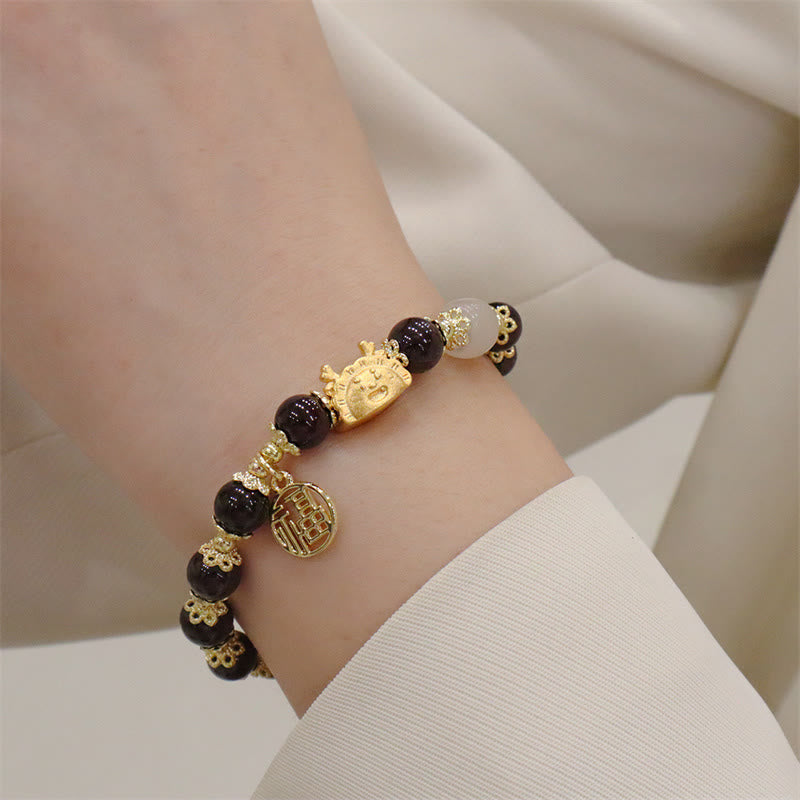 Stone of buddha Year Of The Dragon Red Agate Strawberry Quartz Black Obsidian Jade Garnet Pearl Cinnabar Dumpling Dragon Luck Fu Character Bracelet