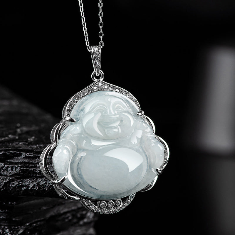 Stone of buddha 925 Sterling Silver Laughing Buddha Natural Jade Abundance Necklace Pendant