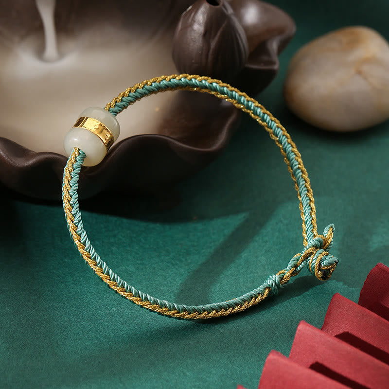 Stone of buddha 999 Gold Hetian White Jade Om Mani Padme Hum Fu Character Luck Braided Bracelet