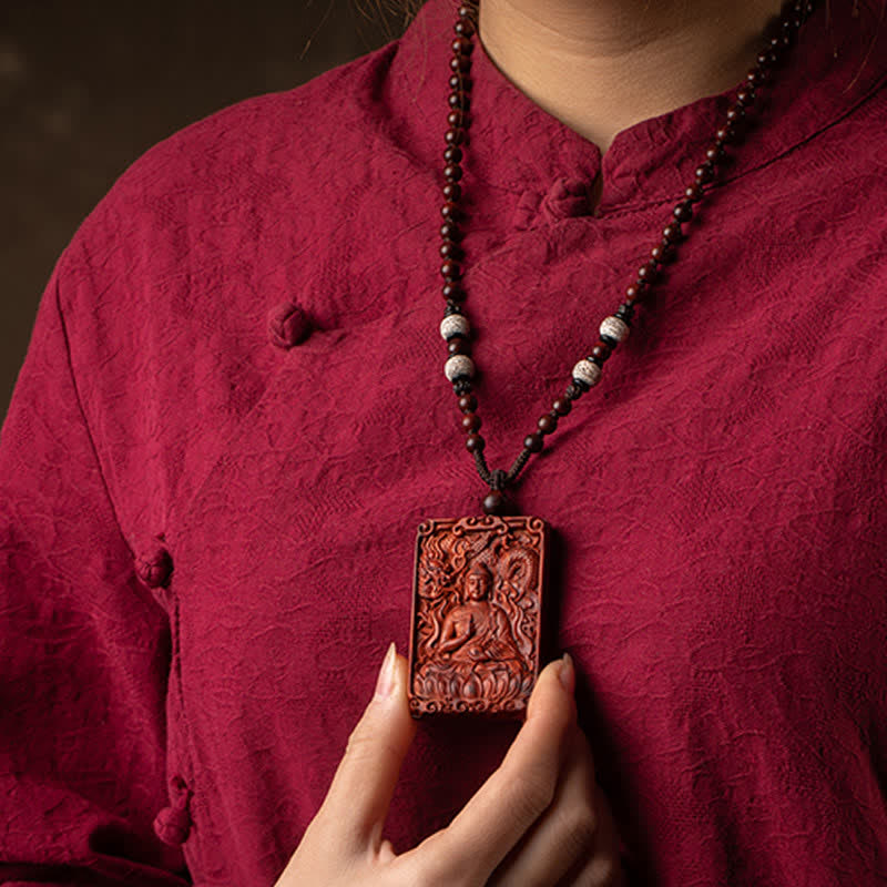 Stone of buddha Chinese Zodiac Natal Buddha Small Leaf Red Sandalwood Protection Necklace Pendant