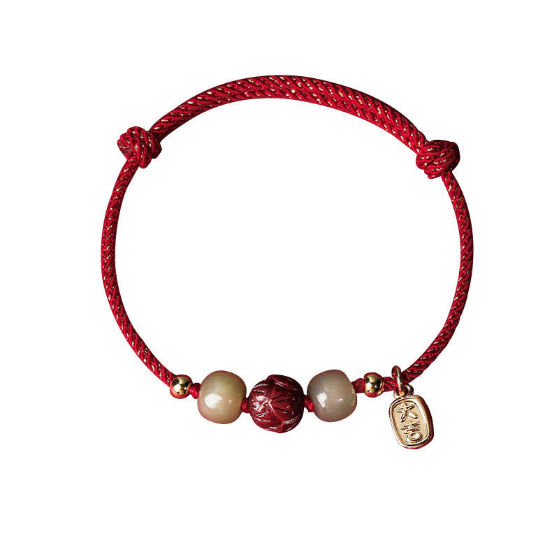 Stone of buddha 14K Gold Plated Hetian Jade Cinnabar Lotus Luck Handcrafted Rope Bracelet