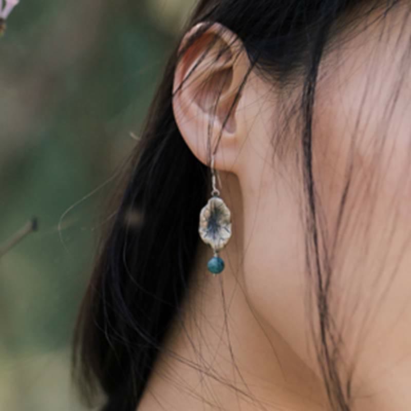 Stone of buddha 925 Sterling Silver Turquoise Lotus Leaf Protection Drop Dangle Earrings