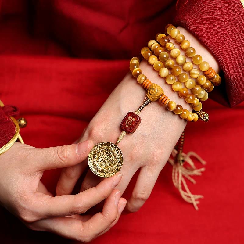 Stone of buddha 108 Mala Beads Natural Tiger Eye Copper Dorje Protection Tassel Bracelet