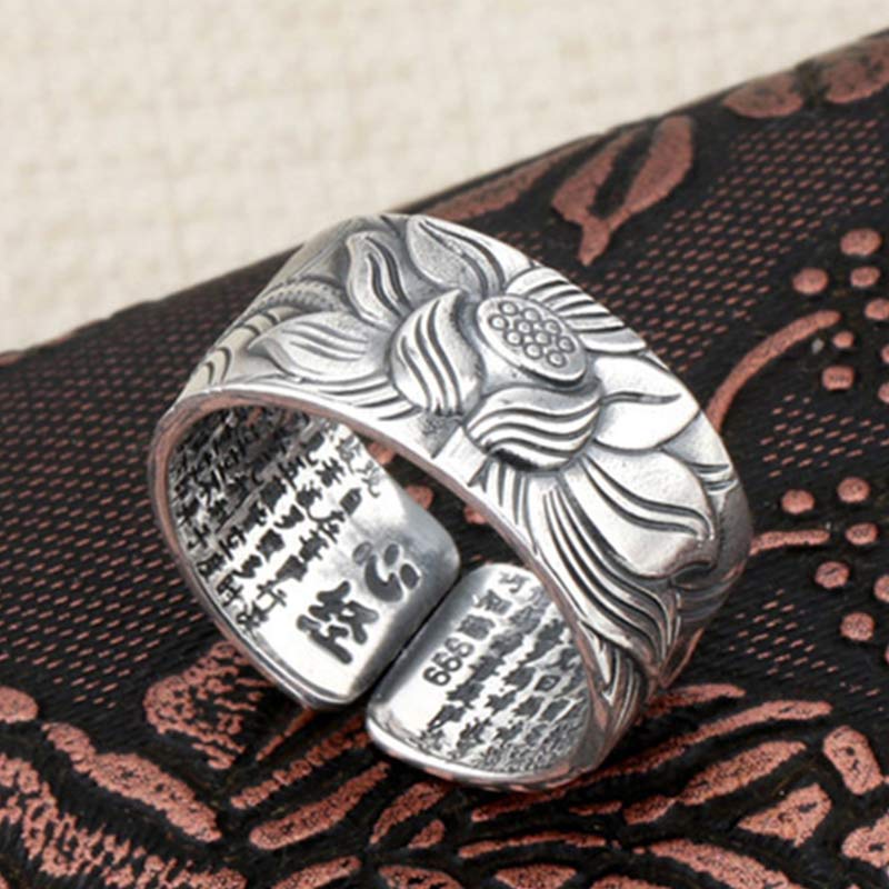 Stone of buddha 999 Sterling Silver Lotus Symbol Heart Sutra Protection Ring