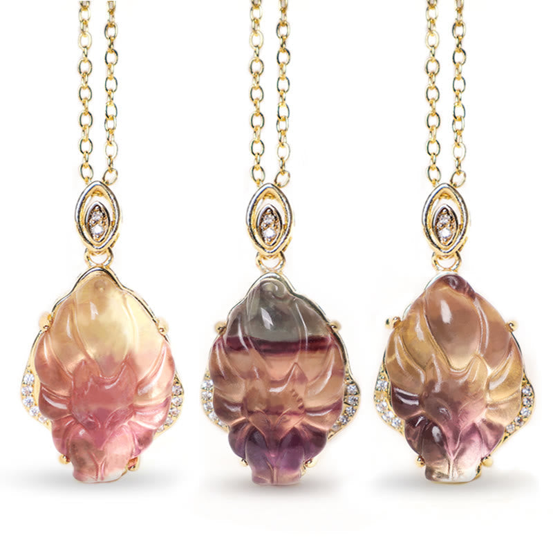 Stone of buddha Natural Colorful Fluorite Nine-Tailed Fox Protection Necklace Pendant