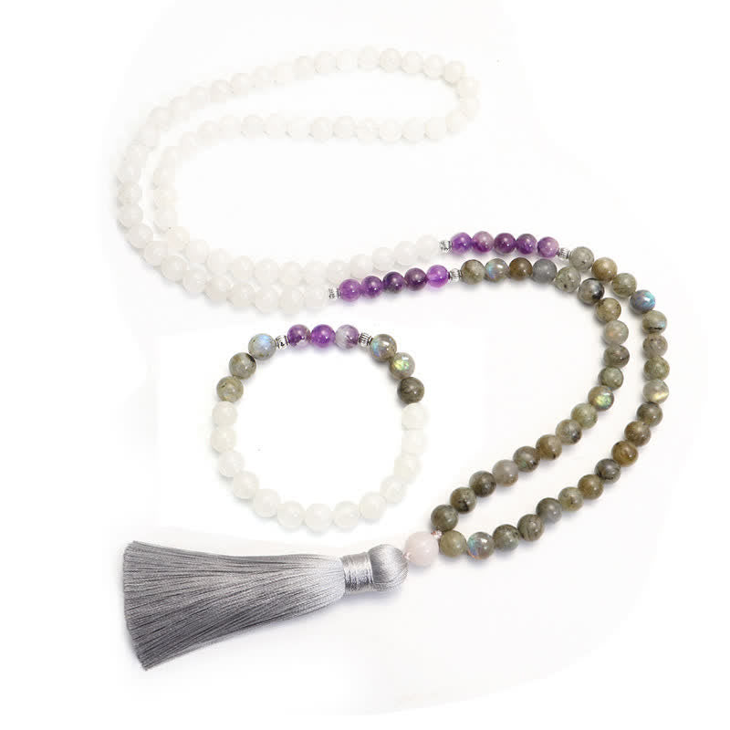 Stone of buddha 108 Mala Beads White Agate Amethyst Black Glitter Stone Protection Bracelet