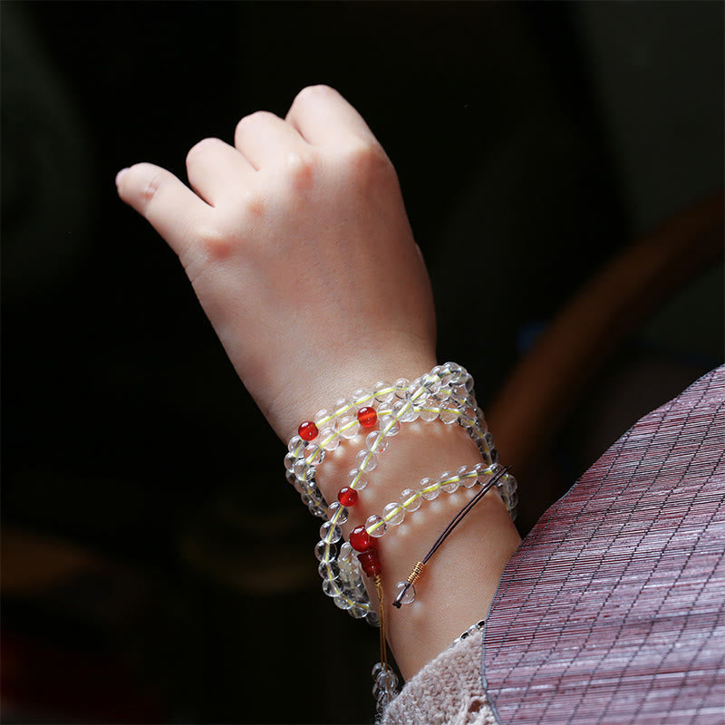 Stone of buddha 108 Mala Beads 925 Sterling Silver Natural White Agate Red Agate Quadruple Wrap Protection Bracelet
