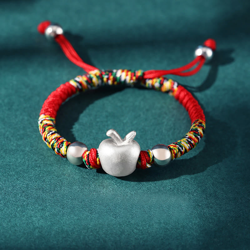 Stone of buddha 999 Sterling Silver Apple Red Multicolored Rope Luck Protection Handcrafted Kids Bracelet
