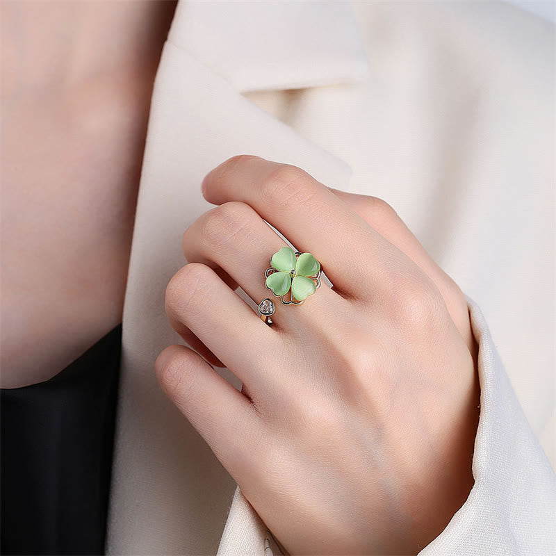 Stone of buddha Cat's Eye Four Leaf Clover Zircon Love Rotatable Ring