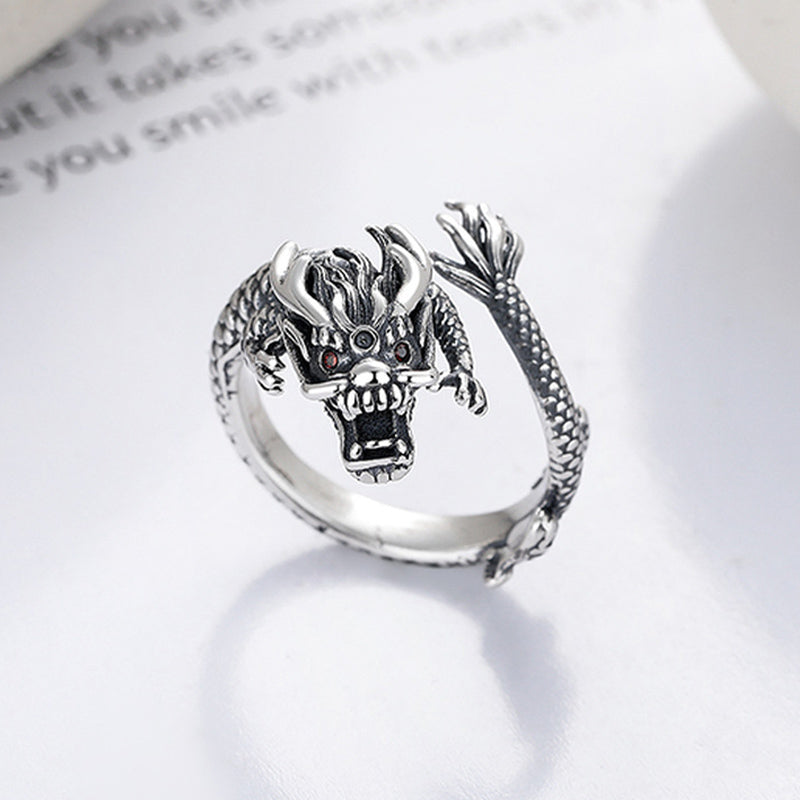 Stone of buddha Vintage 925 Sterling Silver Year Of The Dragon Design Luck Metal Ring