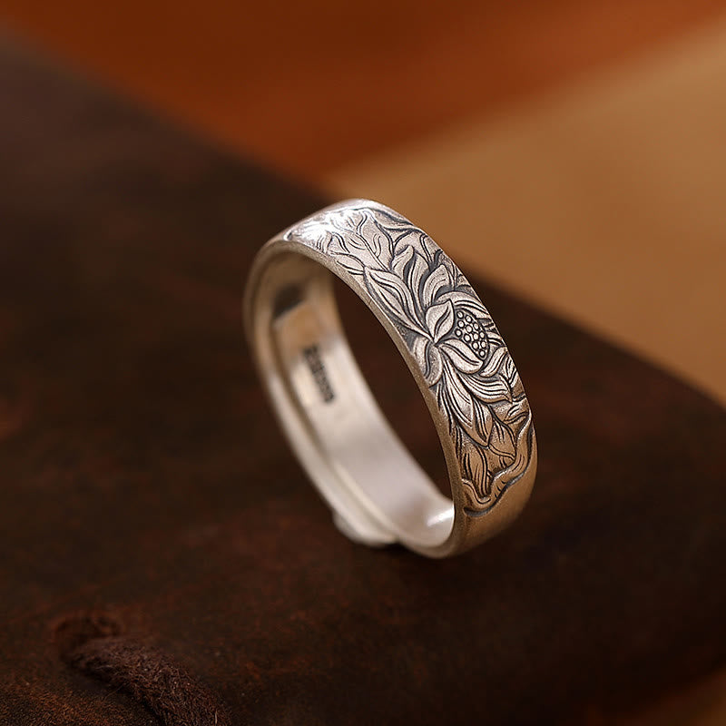 Stone of buddha 999 Sterling Silver Lotus Flower Plum Blossom Auspicious Clouds Engraved Enlightenment Ring