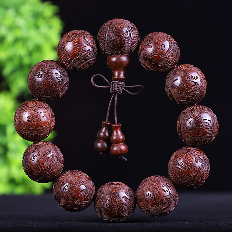 Stone of buddha Chinese Zodiac Rosewood Ebony Boxwood Copper Coin PiXiu Carved Warmth Bracelet