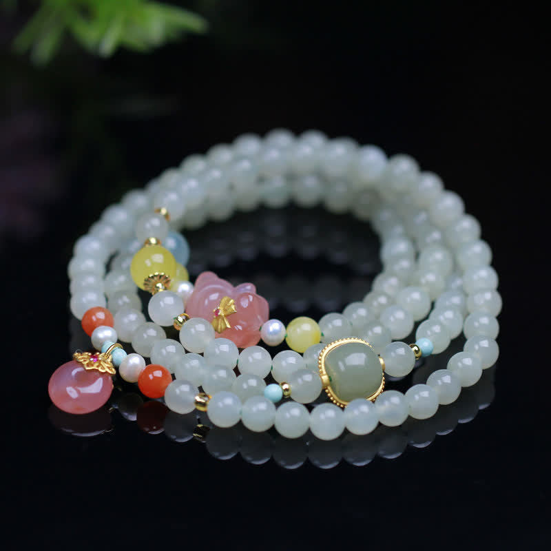 Stone of buddha Natural Hetian Jade Pink Crystal Peace Buckle Happiness Abundance Bracelet
