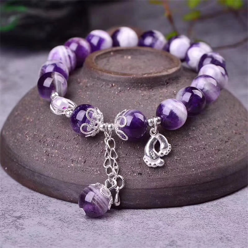 Stone of buddha 925 Sterling Silver Natural Amethyst Healing Feet Love Heart Charm Bracelet