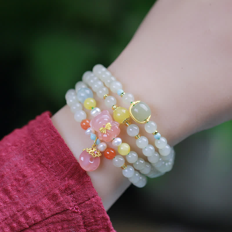 Stone of buddha Natural Hetian Jade Pink Crystal Peace Buckle Happiness Abundance Bracelet