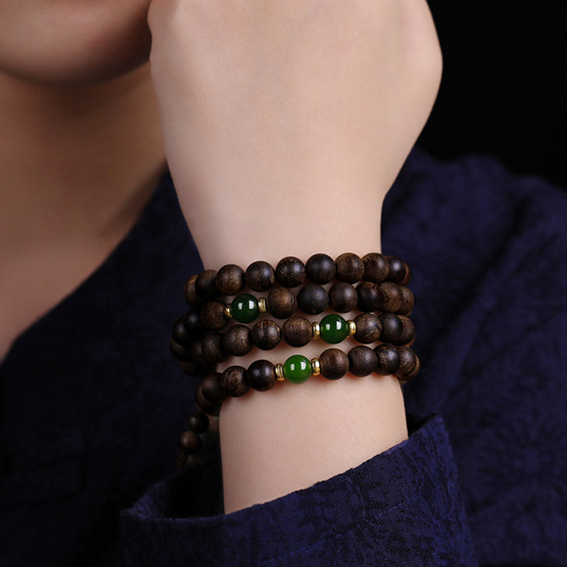 Stone of buddha 108 Mala Beads Indonesia Tarakan Rare Agarwood Cyan Jade Ward Off Evil Spirits Bracelet