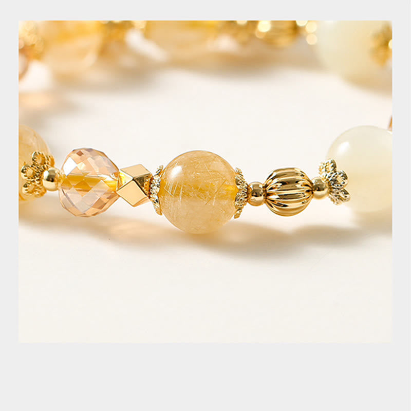 Stone of buddha 14K Gold Plated Golden Rutilated Quartz Wealth Bell Lucky Fortune Charm Bracelet