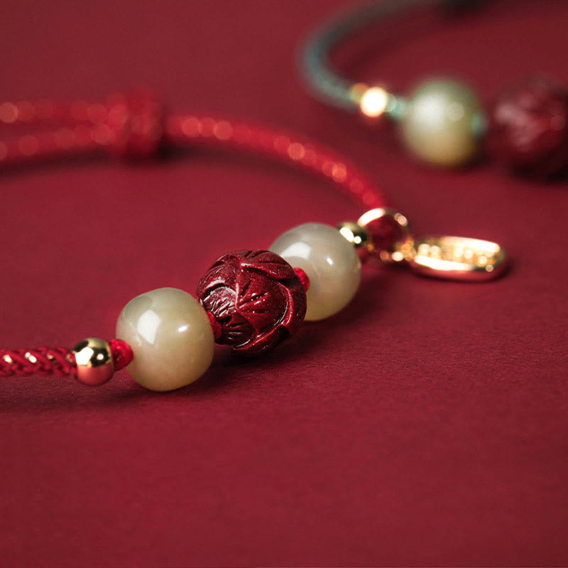 Stone of buddha 14K Gold Plated Hetian Jade Cinnabar Lotus Luck Handcrafted Rope Bracelet