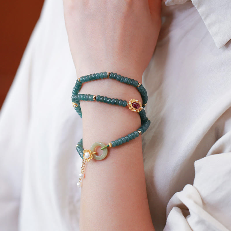 Stone of buddha 925 Sterling Silver Gold Plated Cyan Jade Flower Peace Buckle Success Triple Wrap Bracelet