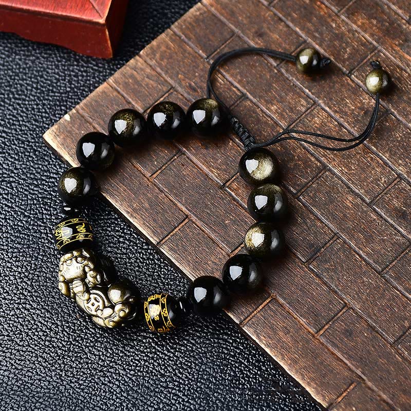 Stone of buddha Natural Gold Sheen Obsidian PiXiu Om Mani Padme Hum Wealth Braided Bracelet