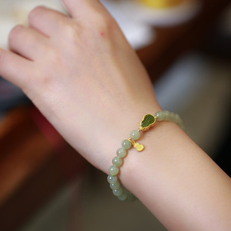 Stone of buddha 925 Sterling Silver Plated Gold Natural Hetian Jade Bead Gourd Lotus Bamboo Fu Character Luck Bracelet