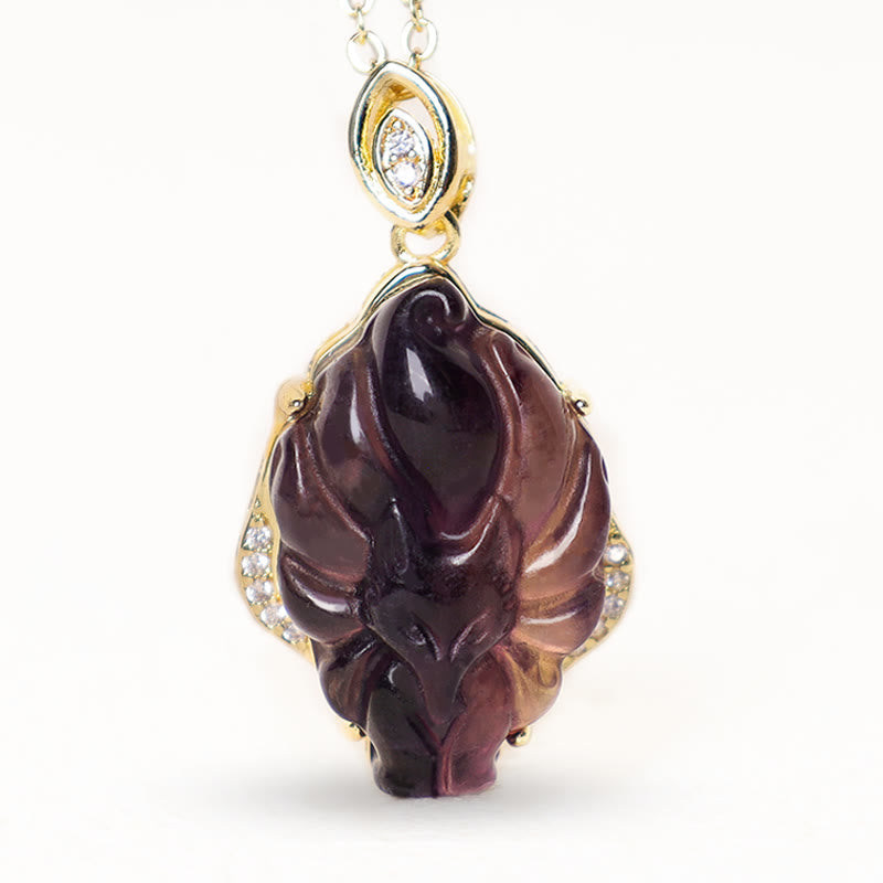 Stone of buddha Natural Colorful Fluorite Nine-Tailed Fox Protection Necklace Pendant