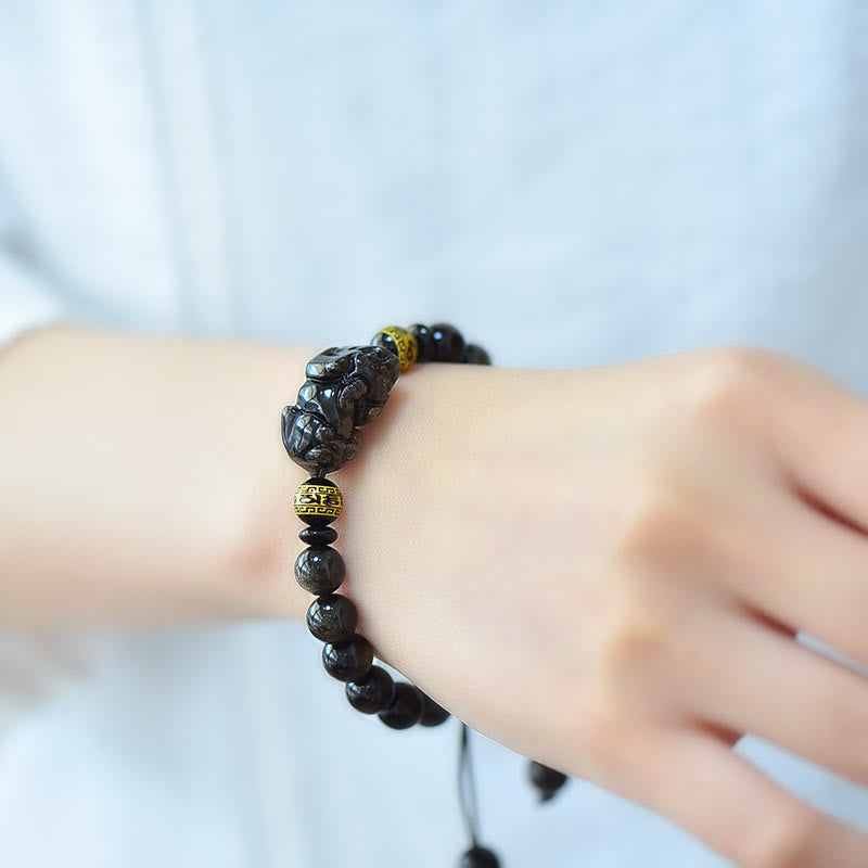 Stone of buddha Natural Gold Sheen Obsidian PiXiu Om Mani Padme Hum Wealth Braided Bracelet