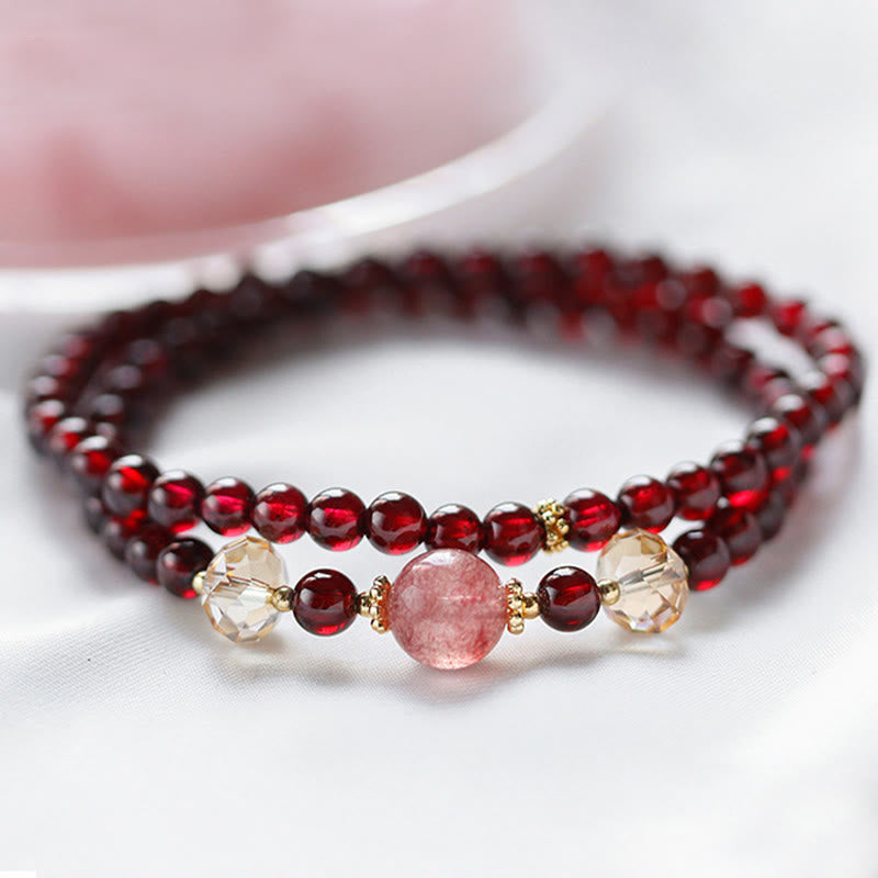 Stone of buddha 14K Gold Plated Natural Garnet Strawberry Quartz Stability Double Wrap Bracelet