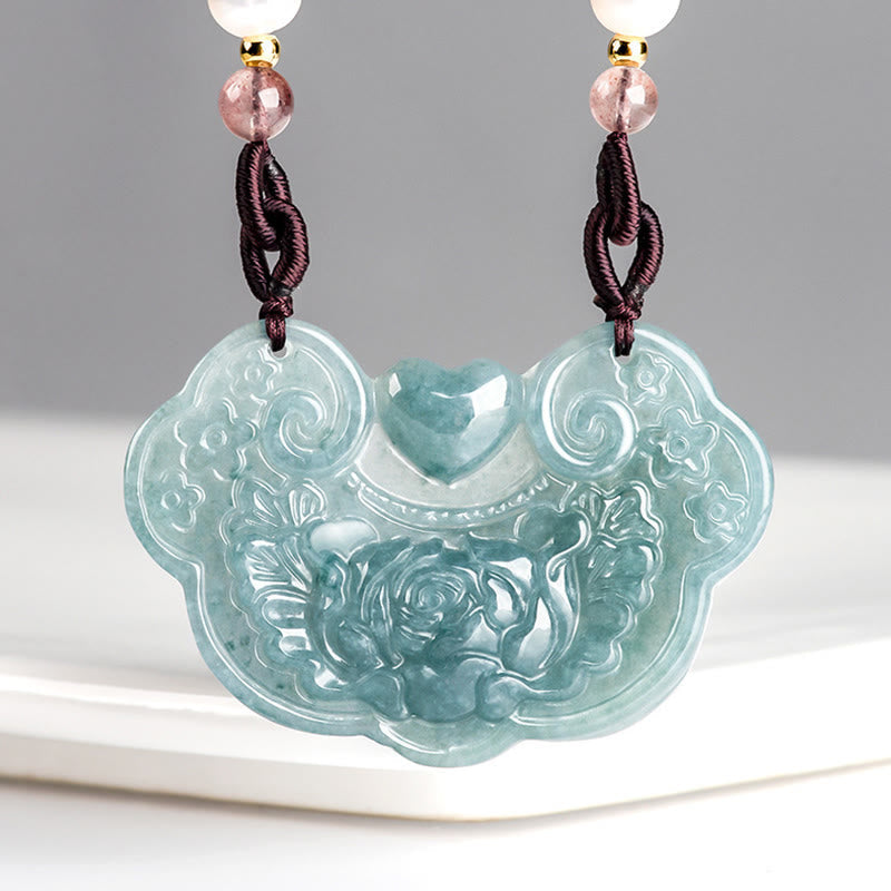 Stone of buddha Natural Jade Peony Flower Lock of Good Wishes Prosperity Necklace Pendant
