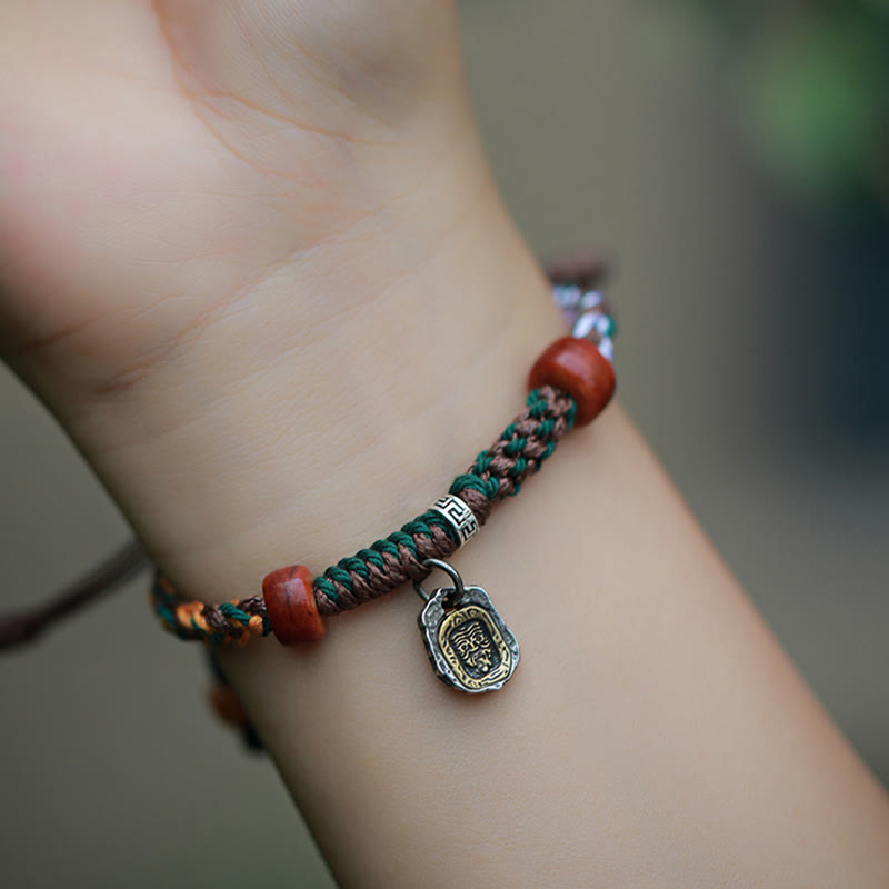 Stone of buddha Handmade Tibetan Silver 925 Sterling Silver Zakiram Goddess of Wealth Camel Bone Protection Braided Bracelet