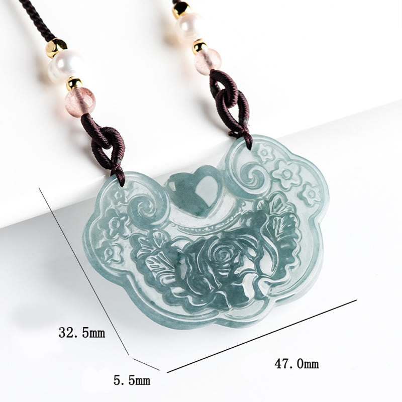 Stone of buddha Natural Jade Peony Flower Lock of Good Wishes Prosperity Necklace Pendant