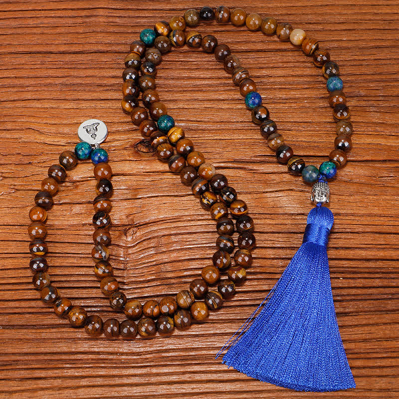 Stone of buddha 108 Mala Beads Tiger Eye Buddha Strength Bracelet Tassel Necklace Pendant