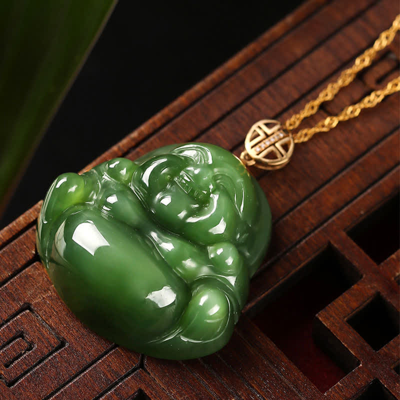 Stone of buddha 925 Sterling Silver Laughing Buddha Hetian Cyan Jade 18K Gold Success Necklace Chain Pendant