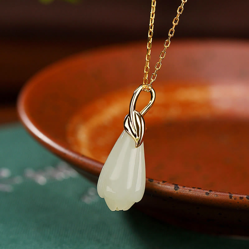 Stone of buddha 925 Sterling Silver Plated Gold Natural Hetian Jade Magnolia Flower Abundance Necklace Pendant