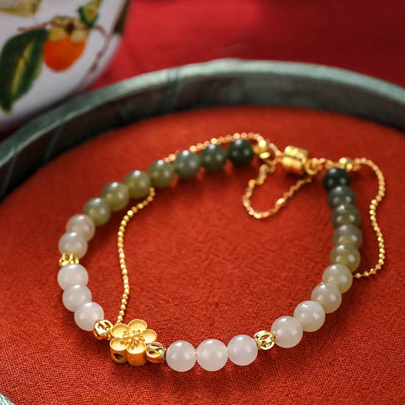 Stone of buddha 925 Sterling Silver Natural Hetian Jade Peach Blossom Luck Chain Bracelet