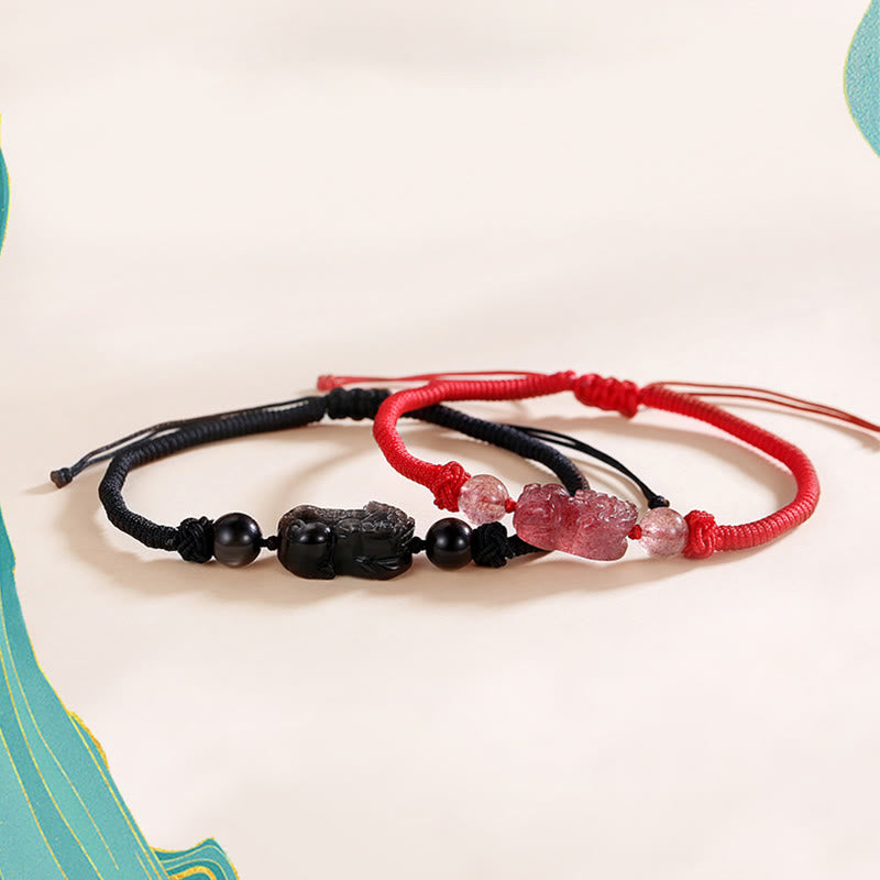 Stone of buddha Handmade Natural Silver Sheen Obsidian Strawberry Quartz PiXiu Protection Braided Bracelet